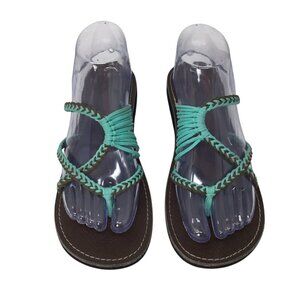 Plaka Oceanside Sandals Turquoise Brown Strappy Sz 8 Flat Thong Flip Flops Rope